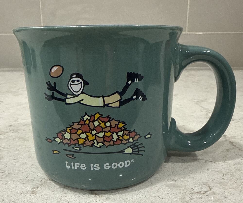 Life is Good FALL LEAVES & FOOTBALL 16oz Mug Green & Blue NEW 2026